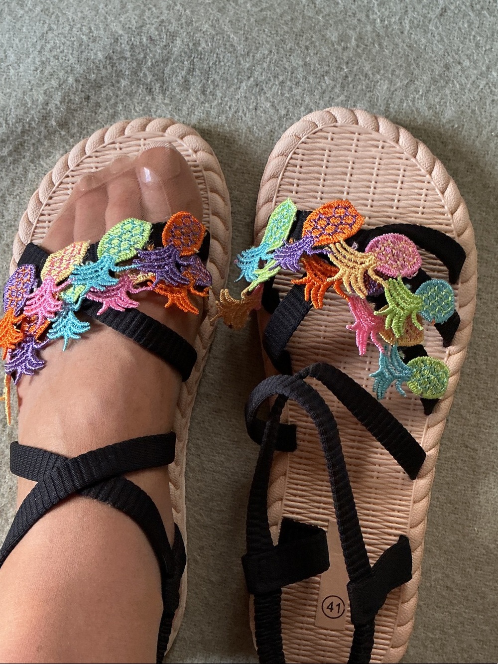 H&M Black Strappy Sandals with Multicolor Embroidered Floral Appliqués